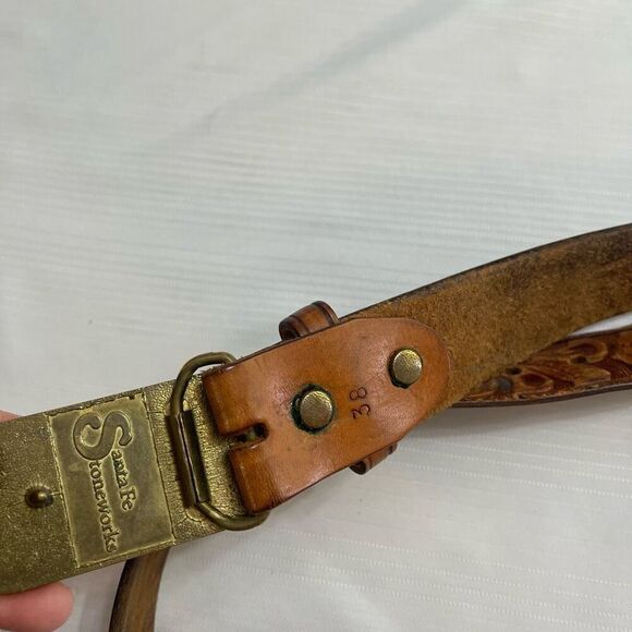 Santa Fe Stoneworks Brown Tooled Vintage Belt Size 38 - Picture 5 of 7